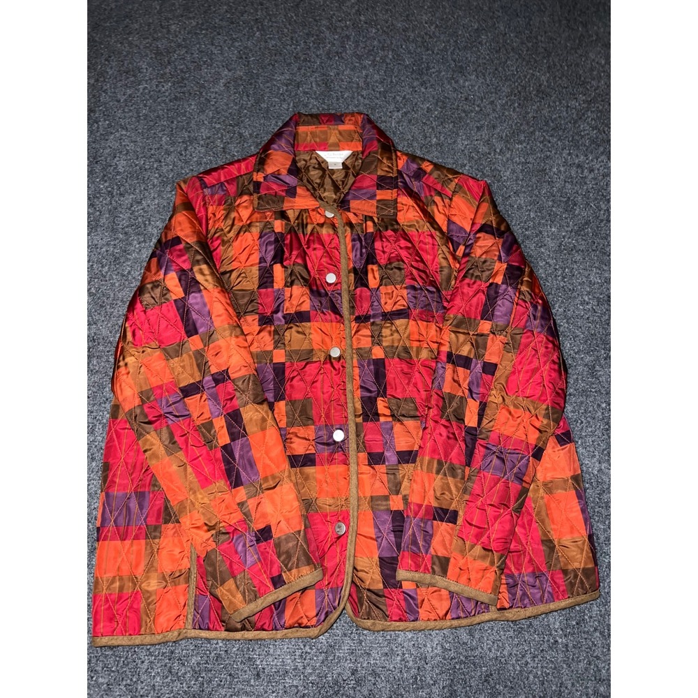 CJ Banks Womens Quilted Plaid Jacket Multicolor Orange Red Purple Size X